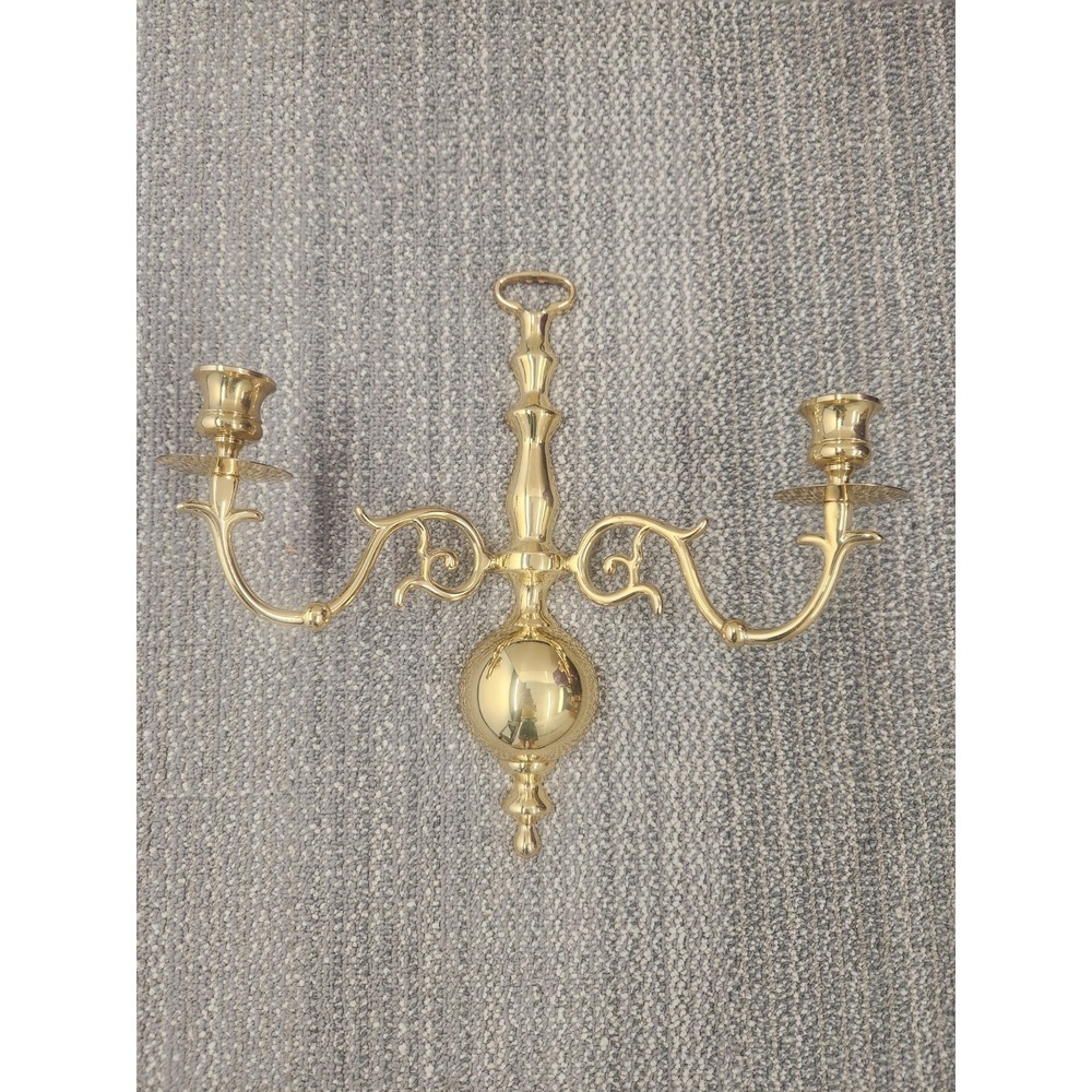 Vtg. Brass Two Arm Wall Sconce Candle Holder 12" Early American Colonial Revival